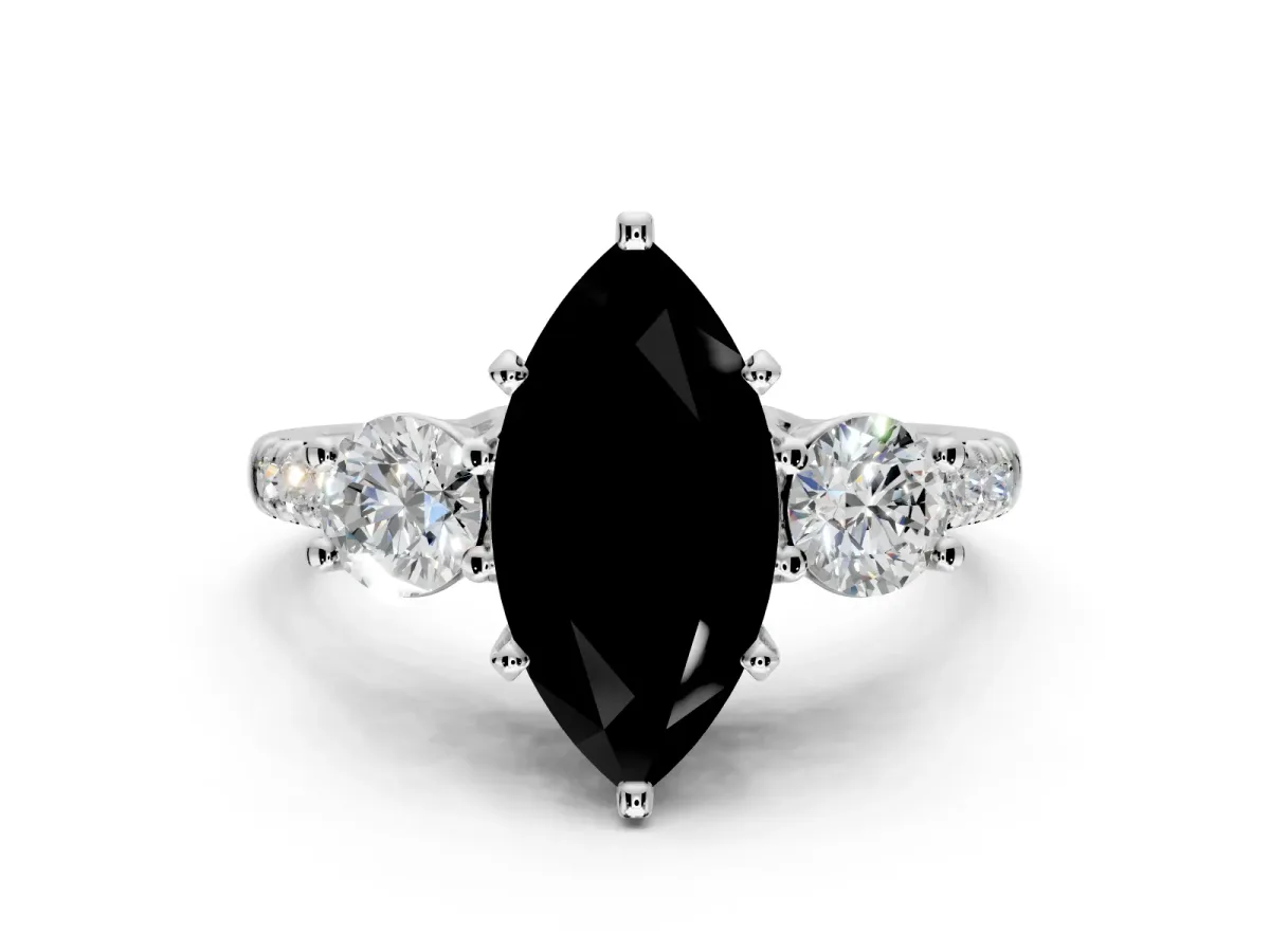 3 Stone Engagement Ring Setting for Fancy Black Marquise Center with Crossover Basket, Pave Band and Prong Head in White Gold