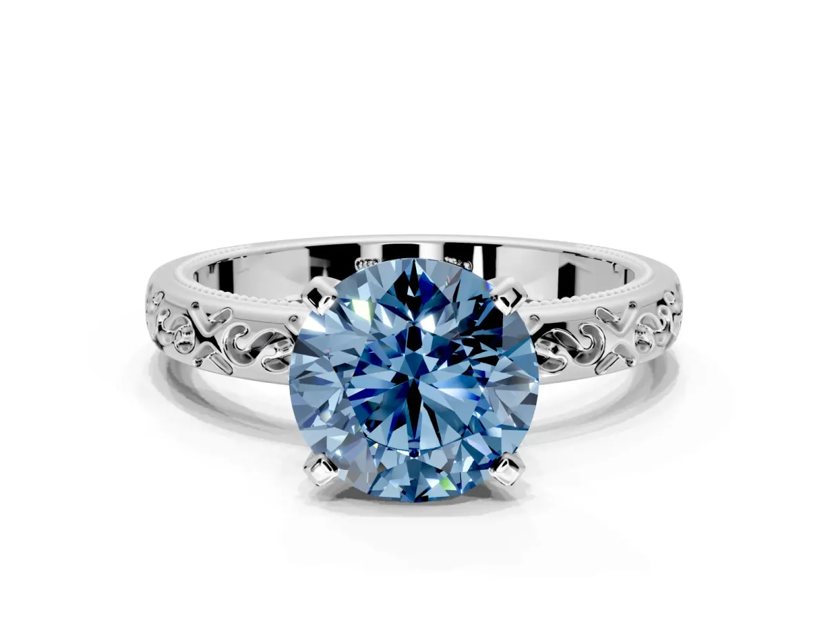 Solitaire Engagement Ring Setting for Fancy Blue Round Cut Center with Scrollwork Band and Prong Head in Platinum