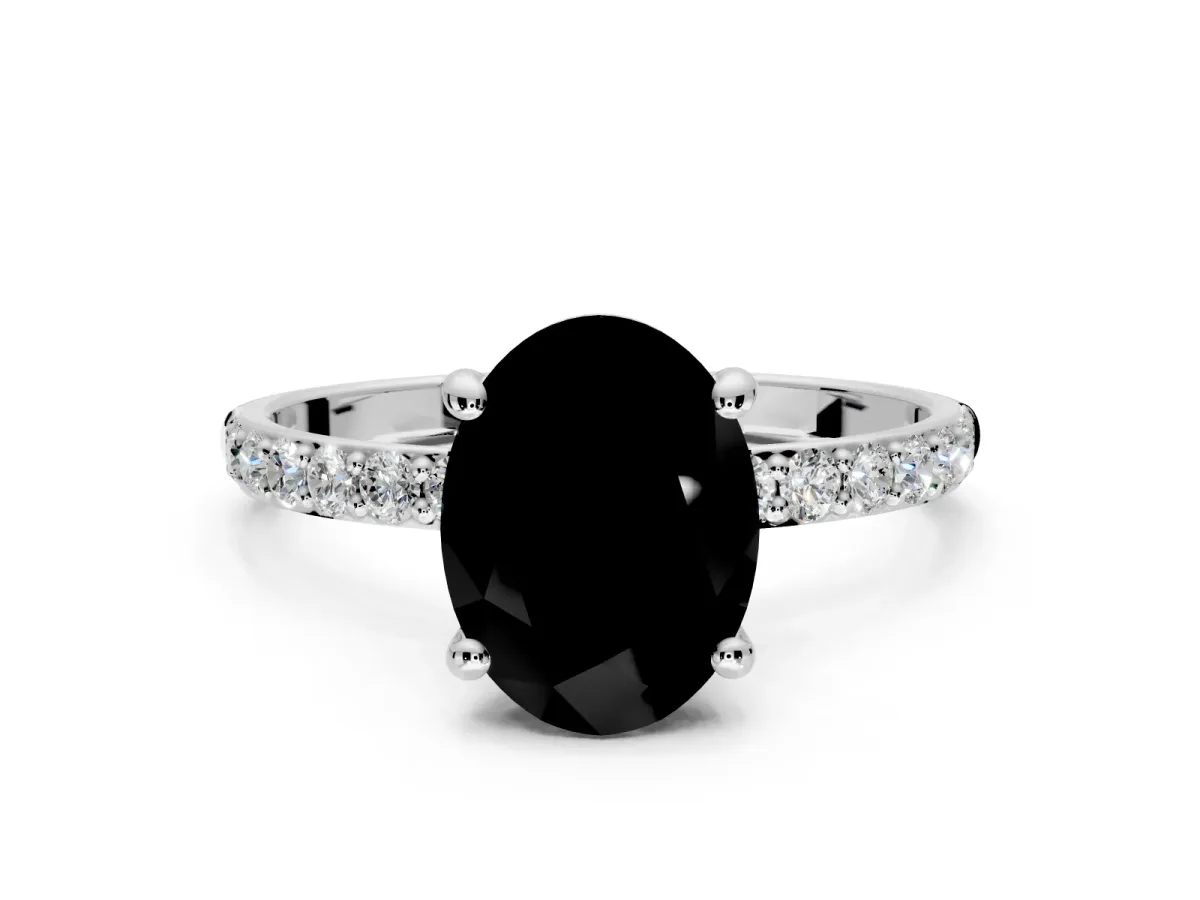 Solitaire Engagement Ring Setting for Fancy Black Oval Center with Pave Accents and Prong Head in White Gold