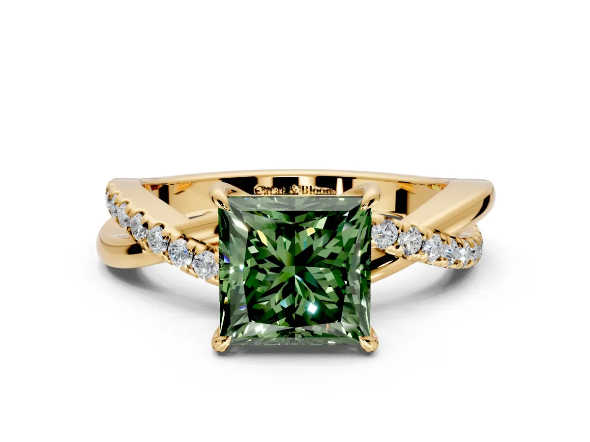Crossover Engagement Ring Setting for Fancy Green Princess Cut Center with Pave and Plain Strands and Prong Head in Yellow Gold