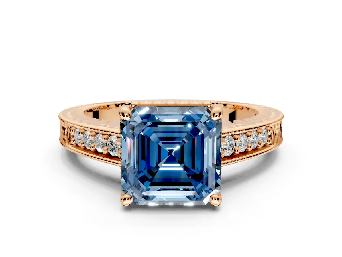 Engraved Engagement Ring Setting for Fancy Blue Asscher Cut Center with Milgrain Pave Band and Prong Head in Rose Gold
