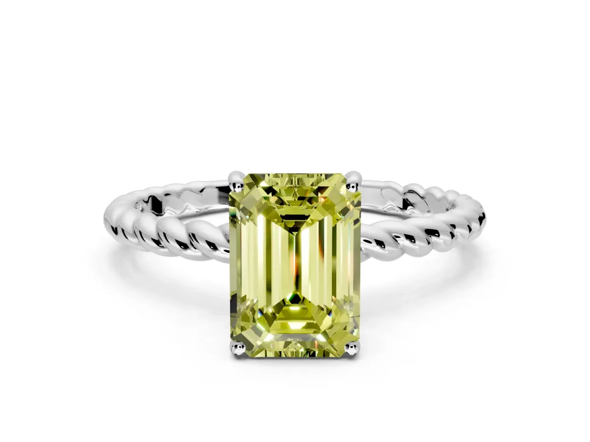 Solitaire Engagement Ring Setting for Fancy Yellow Emerald Cut Center with Plain Twisted Rope Band and Prong Head in White Gold