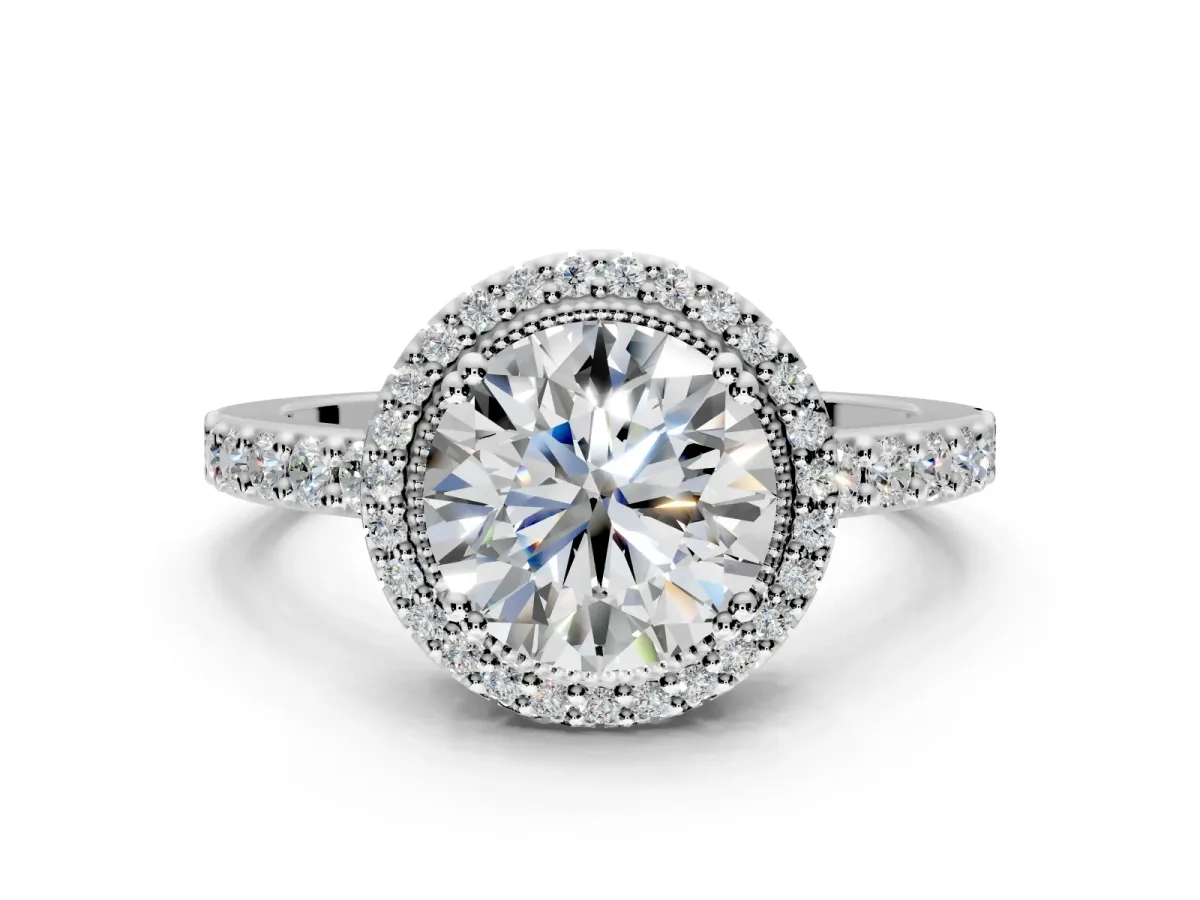 Halo Engagement Ring Setting for Round Cut Center with Inner Milgrain Border and Prong Head in Sterling Silver