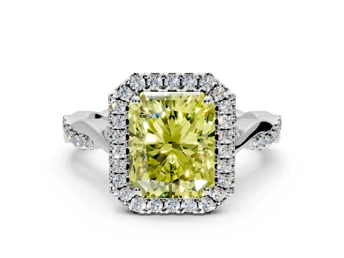 Halo Engagement Ring Setting for Fancy Yellow Radiant Cut Center with Twist Band and Prong Head in Sterling Silver