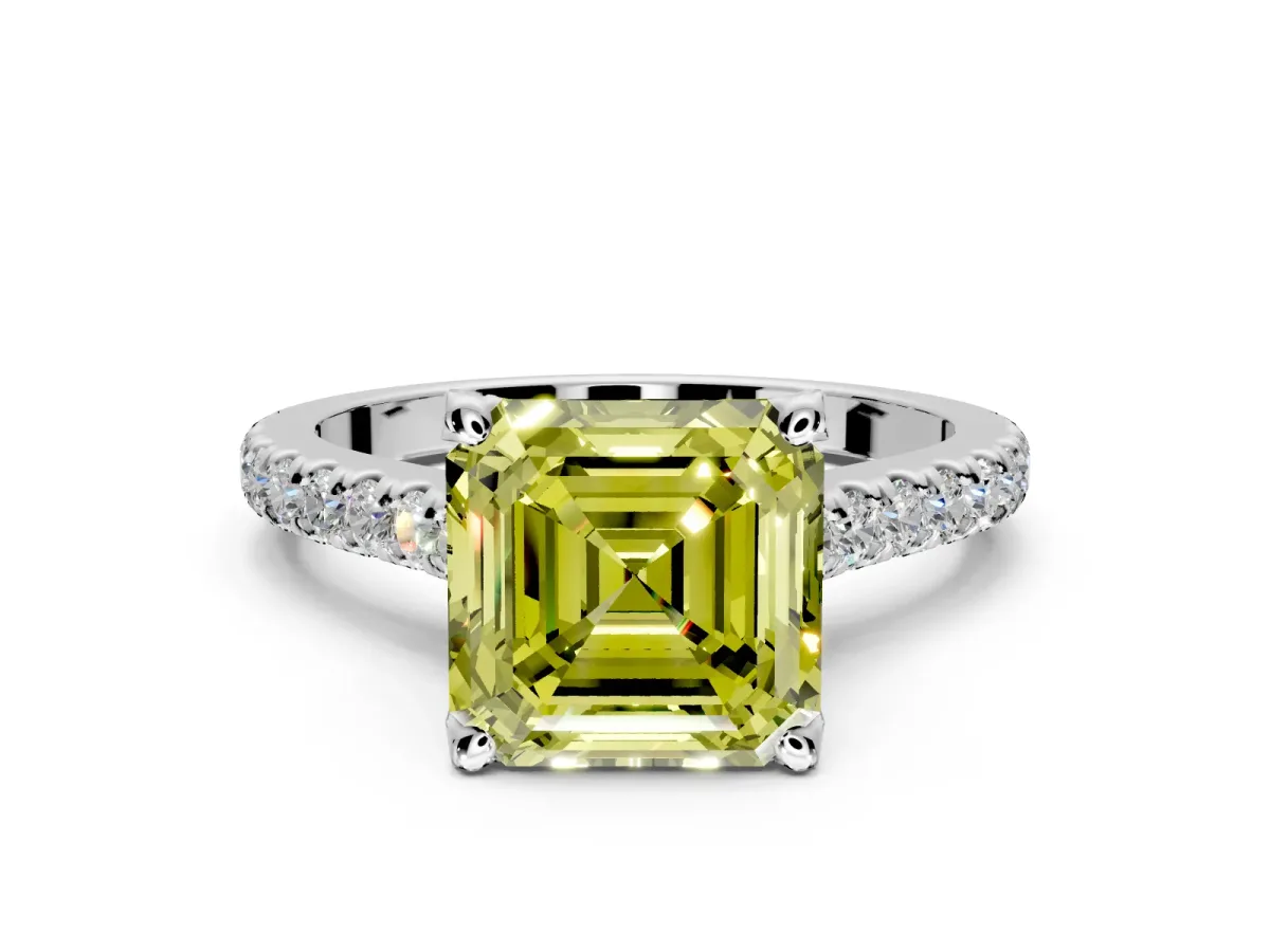 Solitaire Engagement Ring Setting for Fancy Yellow Asscher Cut Center with Widening Pave Band and Claw Prong Head in Sterling Silver