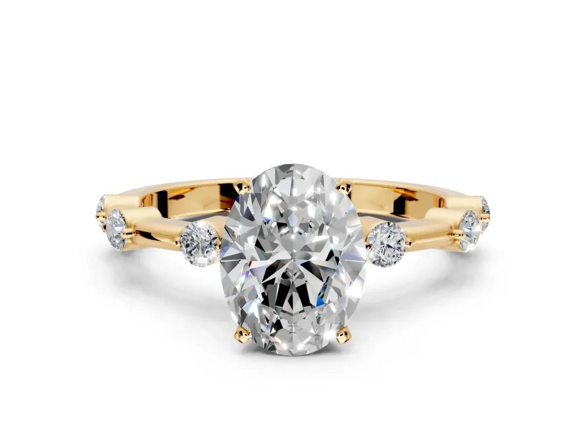 Solitaire Engagement Ring Setting for Oval Center with Bezel Station Band and Prong Head in Yellow Gold