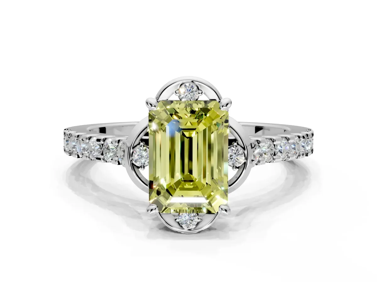 Floral Engagement Ring Setting for Fancy Yellow Emerald Cut Center with Pave Band and Floral Prong Head in White Gold