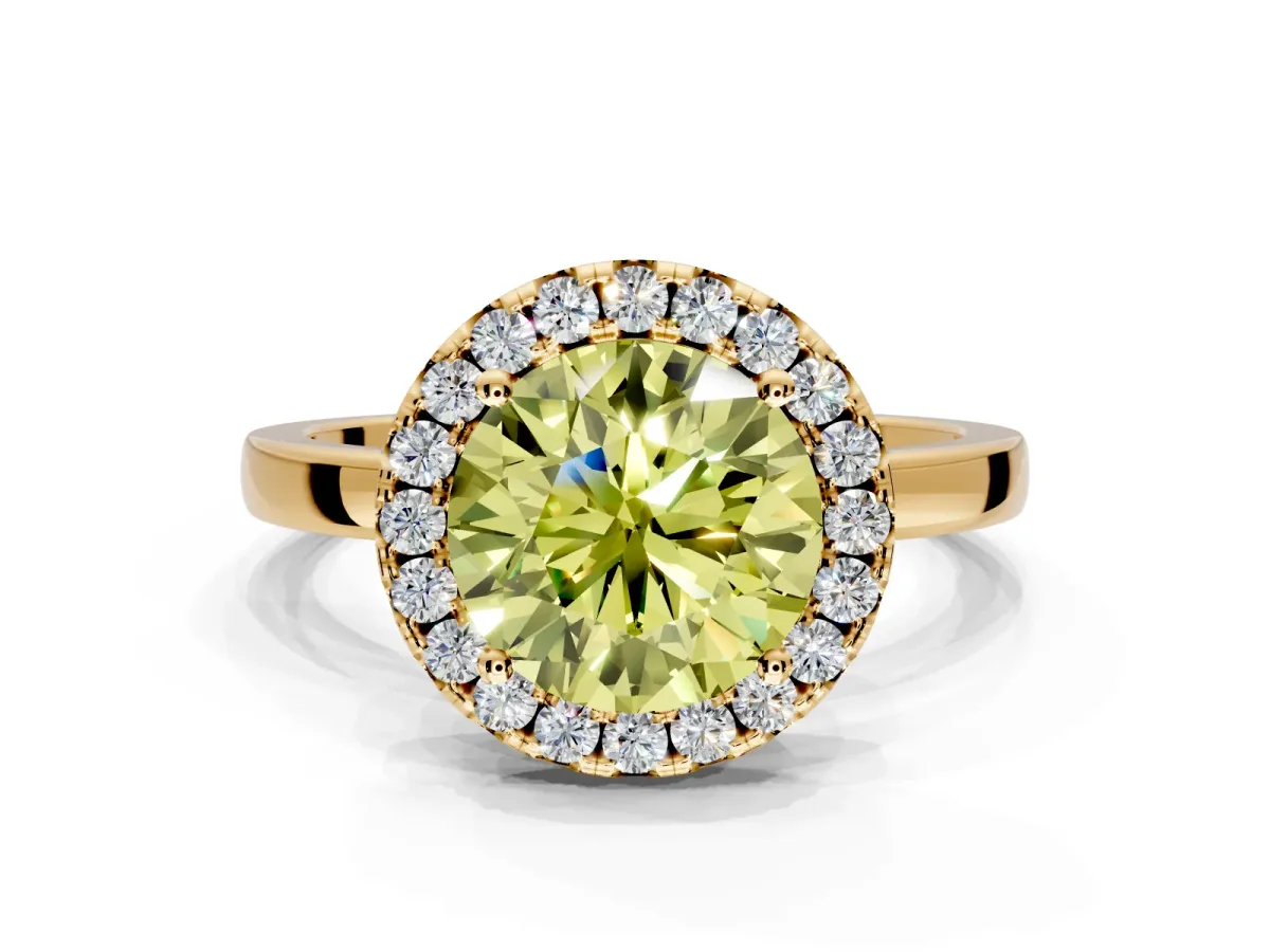 Halo Engagement Ring Setting for Fancy Yellow Round Cut Center with Thin Plain Band and Prong Head in Yellow Gold
