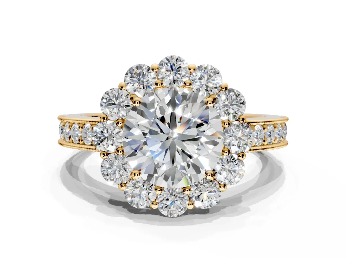 Halo Engagement Ring Setting for Round Cut Center with Milgrain Channel Band and Prong Head in Yellow Gold