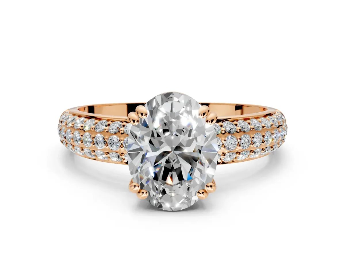 Solitaire Engagement Ring Setting for Oval Center with Multi-Row Pave Accents and Basket Head in Rose Gold