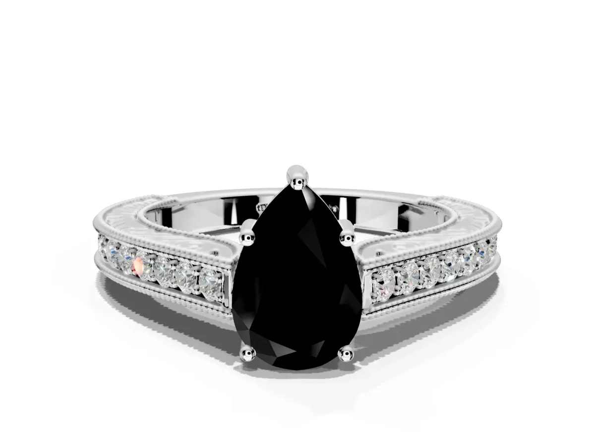 Solitaire Engagement Ring Setting for Fancy Black Pear-Shaped Center with Engraved Pave Band and Prong Head in Sterling Silver