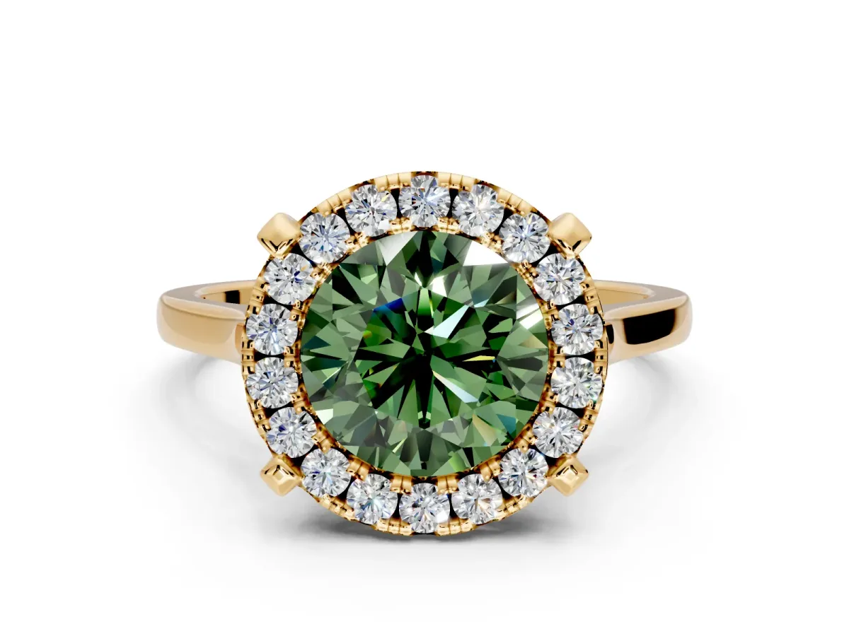 Single Halo Engagement Ring Setting for Fancy Green Round Cut Center with Corner Claws, Plain Band and Prong Head in Yellow Gold