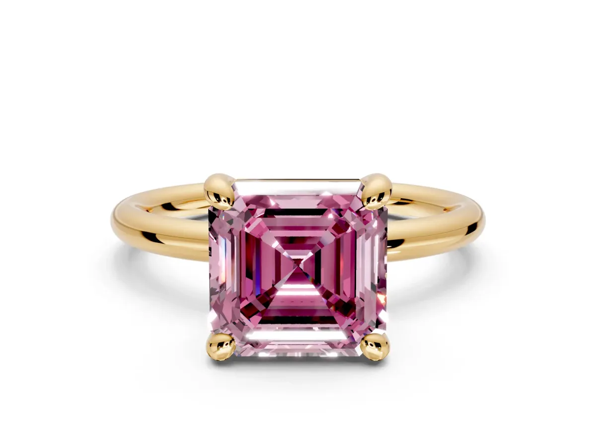 Low-Set Solitaire Engagement Ring Setting for Fancy Pink Asscher Cut Center with Thin Plain Band and Prong Head in Yellow Gold