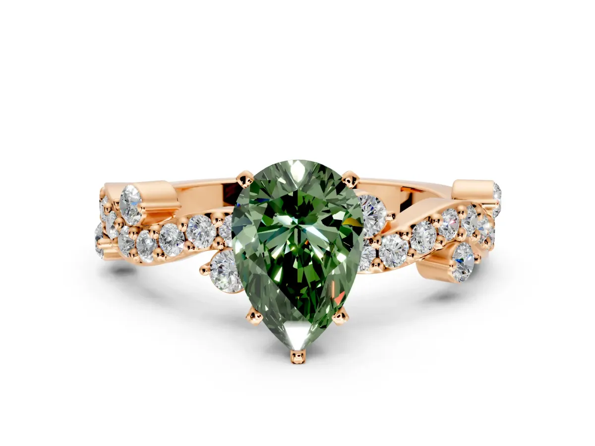 Solitaire Engagement Ring Setting for Fancy Green Pear-Shaped Center with Bar-Station Pave Twist and Prong Head in Rose Gold