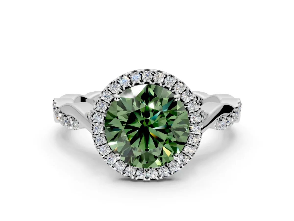 Halo Engagement Ring Setting for Fancy Green Round Cut Center with Twist Band and Prong Head in White Gold