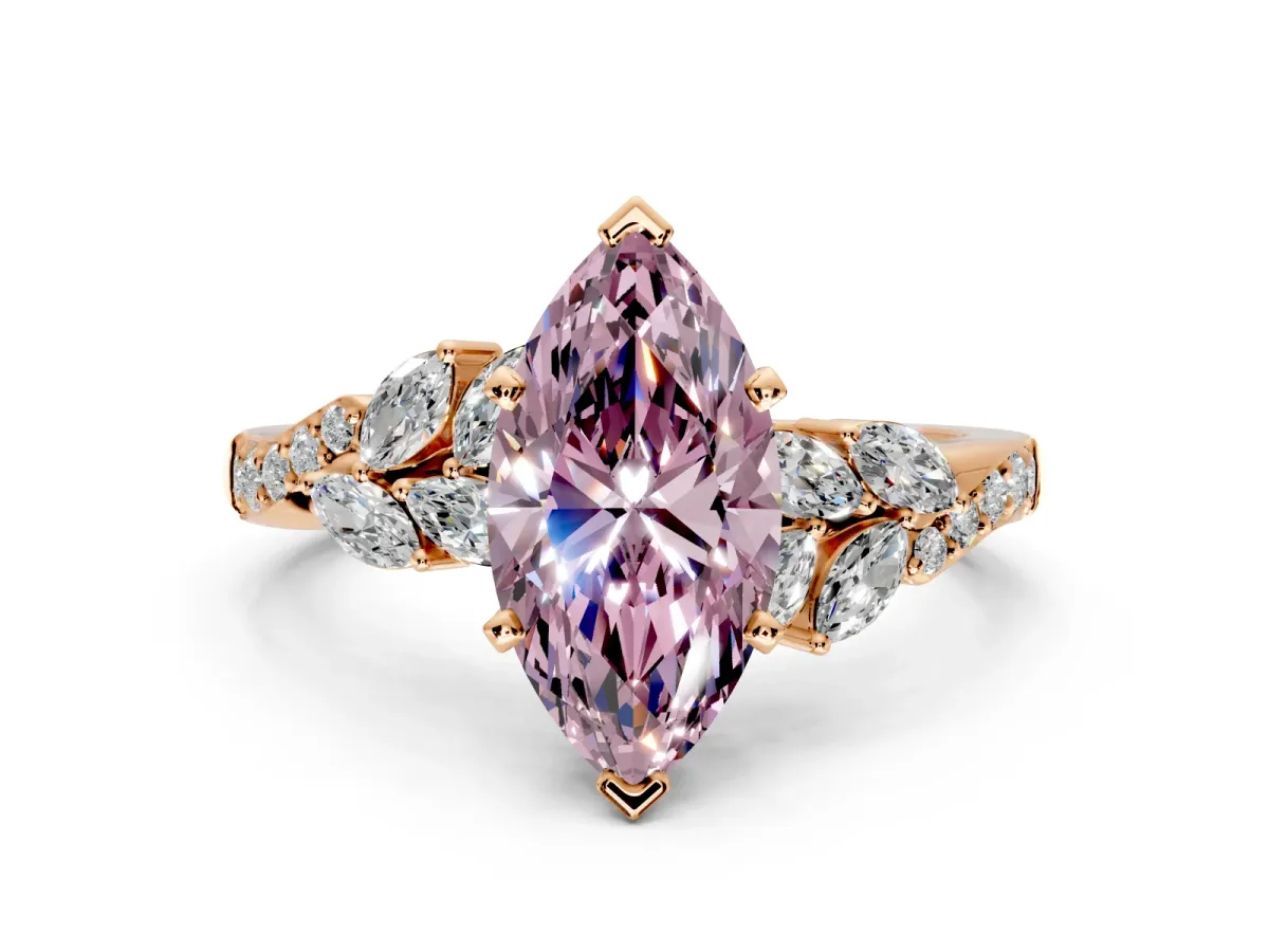 Solitaire Engagement Ring Setting for Fancy Pink Marquise Center with Marquise Accent Twist Band and Prong Head in Rose Gold