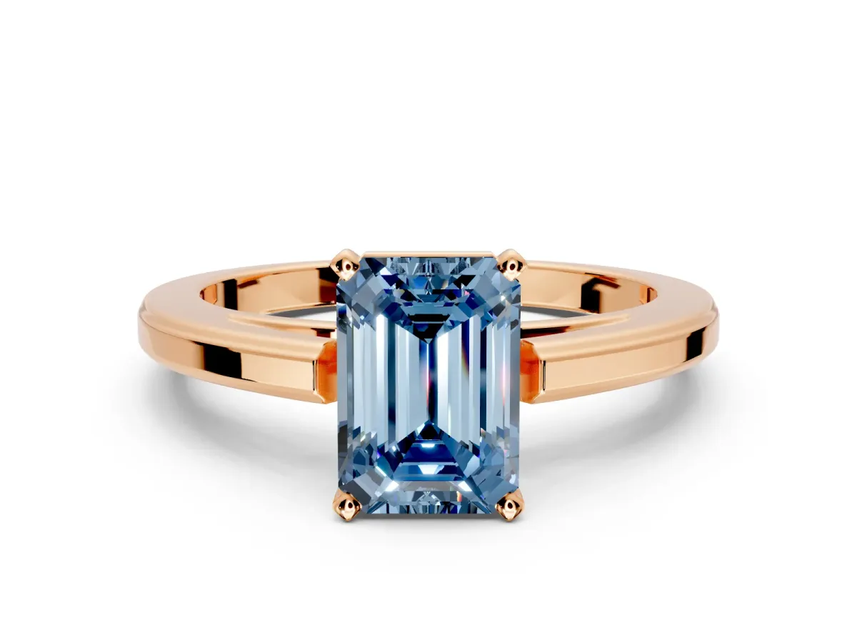 Solitaire Engagement Ring Setting for Fancy Blue Emerald Cut Center with Flat-Sided Plain Band and Prong Head in Rose Gold