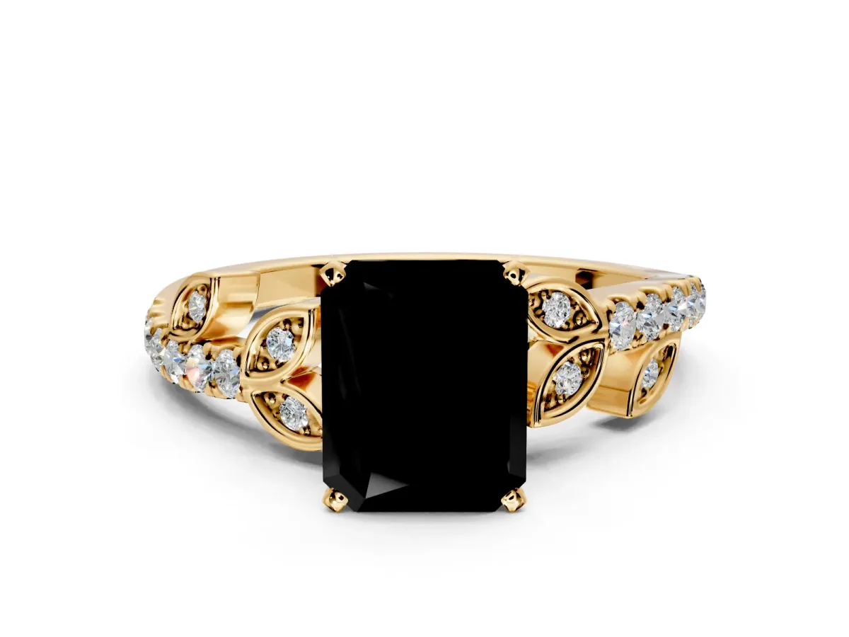 Leaf Motif Engagement Ring Setting for Fancy Black Radiant Cut Center with Pave Band and Prong Head in Yellow Gold