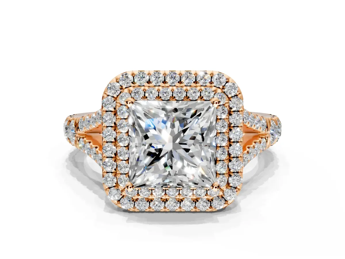 Double Halo Engagement Ring Setting for Princess Cut Center with Narrow Pave Split Shank and Prong Head in Rose Gold