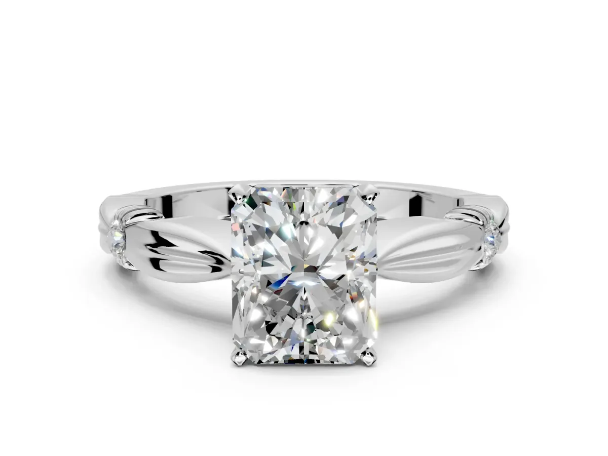 Solitaire Engagement Ring Setting for Radiant Cut Center with Carved Leaf Shoulders and Prong Head in Platinum
