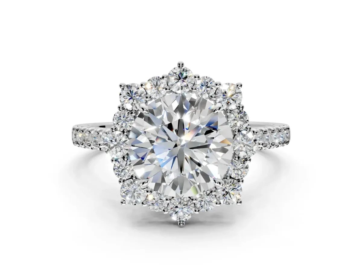 Halo Engagement Ring Setting for Round Cut Center with Single-Row Pave, Open Basket and Prong Head in Platinum