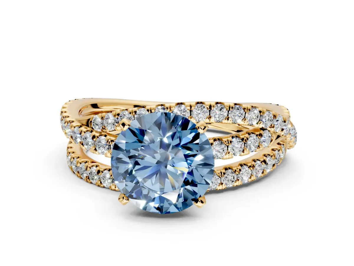 Solitaire Engagement Ring Setting for Fancy Blue Round Cut Center with Woven 3-Strand Pave Band and Prong Head in Yellow Gold