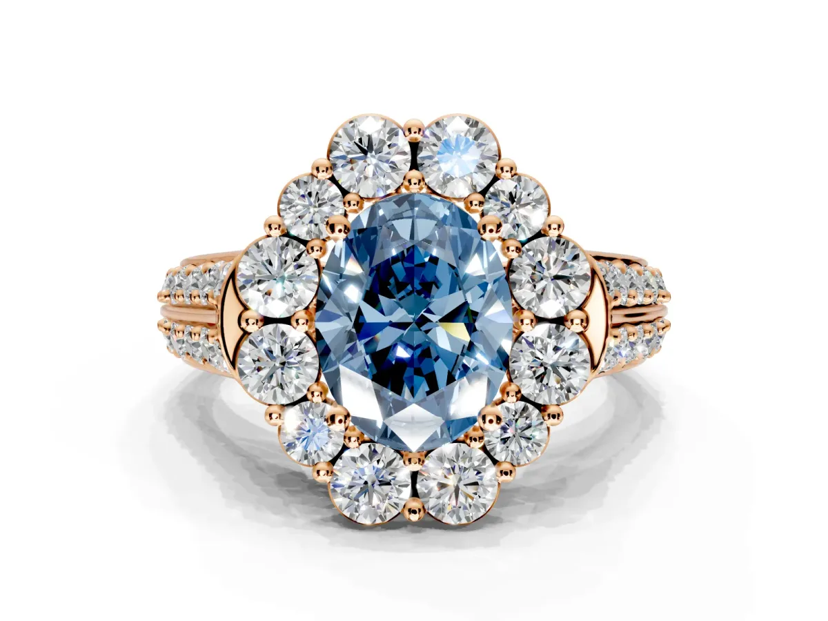 Large Accent Halo Engagement Ring Setting for Fancy Blue Oval Center with Pave Split Shank and Prong Head in Rose Gold