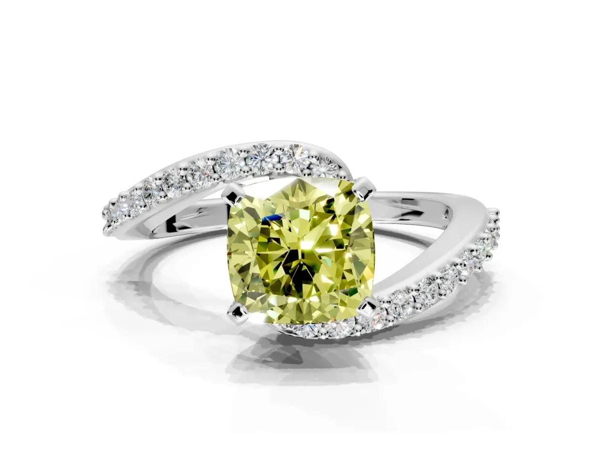 Solitaire Engagement Ring Setting for Fancy Yellow Cushion Cut Center with Pave Bypass Swirl Band and Prong Head in Sterling Silver
