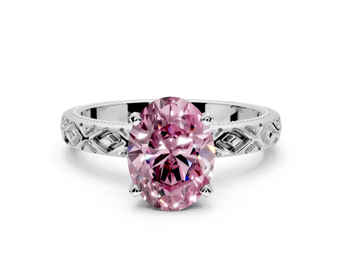Solitaire Engagement Ring Setting for Fancy Pink Oval Center with Milgrain X Pattern Band and Prong Head in Sterling Silver