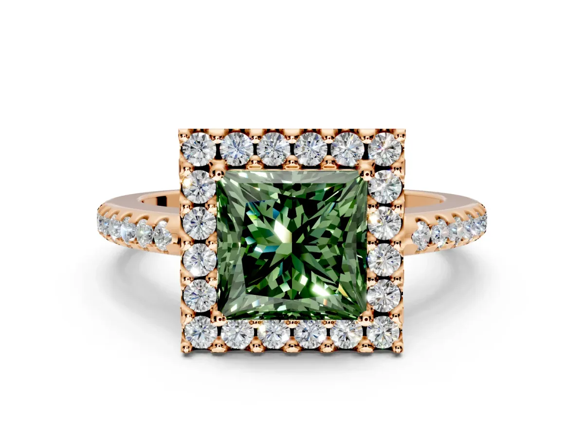 Pave Halo Engagement Ring Setting for Fancy Green Princess Cut Center with Single Row Pave Band and Prong Head in Rose Gold