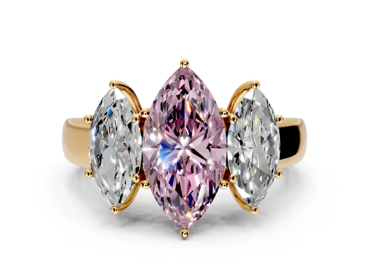 3 Stone Engagement Ring Setting for Fancy Pink Marquise Center with Raised Basket Heads and Prong Head in Yellow Gold