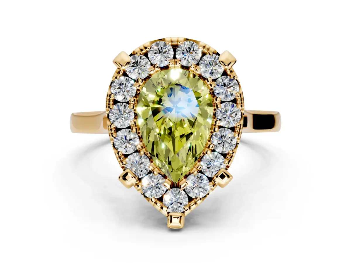 Single Halo Engagement Ring Setting for Fancy Yellow Pear-Shaped Center with Corner Claws, Plain Band and Prong Head in Yellow Gold