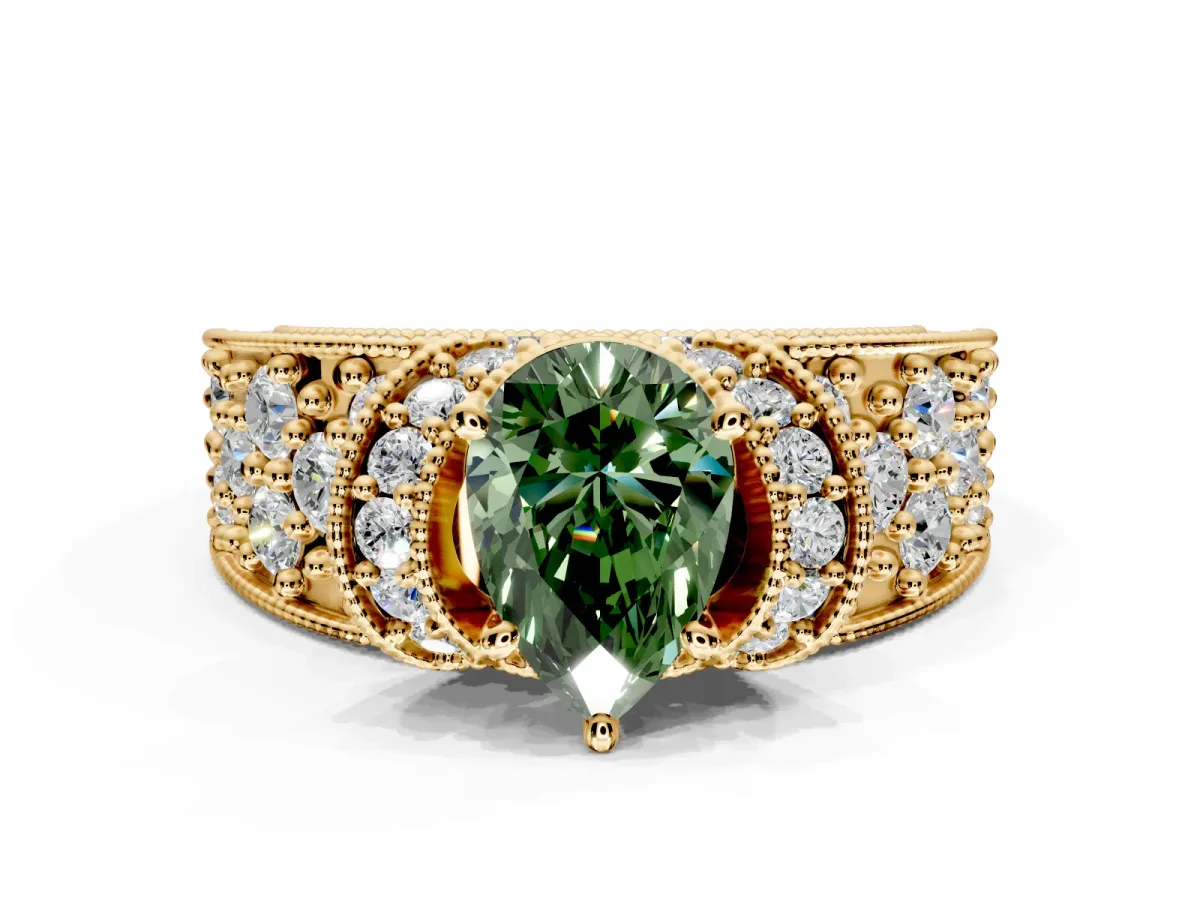 Pave Engagement Ring Setting for Fancy Green Pear-Shaped Center with Curved Accent Rows, Openwork and Prong Head in Yellow Gold