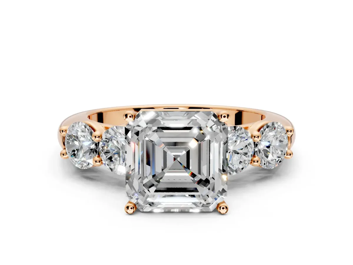 5 Stone Engagement Ring Setting for Asscher Cut Center with Graduated Accents and Prong Head in Rose Gold