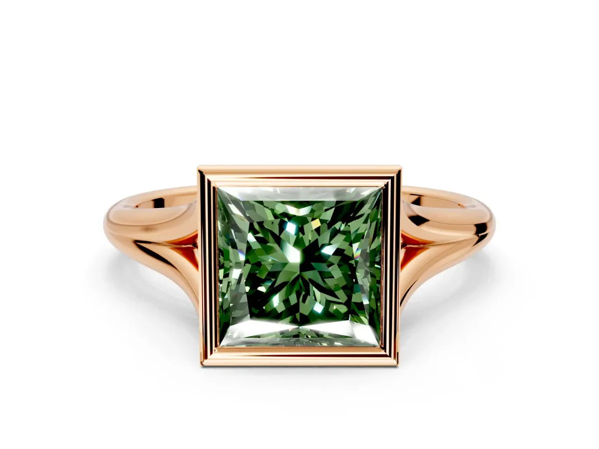 Solitaire Engagement Ring Setting for Fancy Green Princess Cut Center with V Split Shank and Bezel Head in Rose Gold