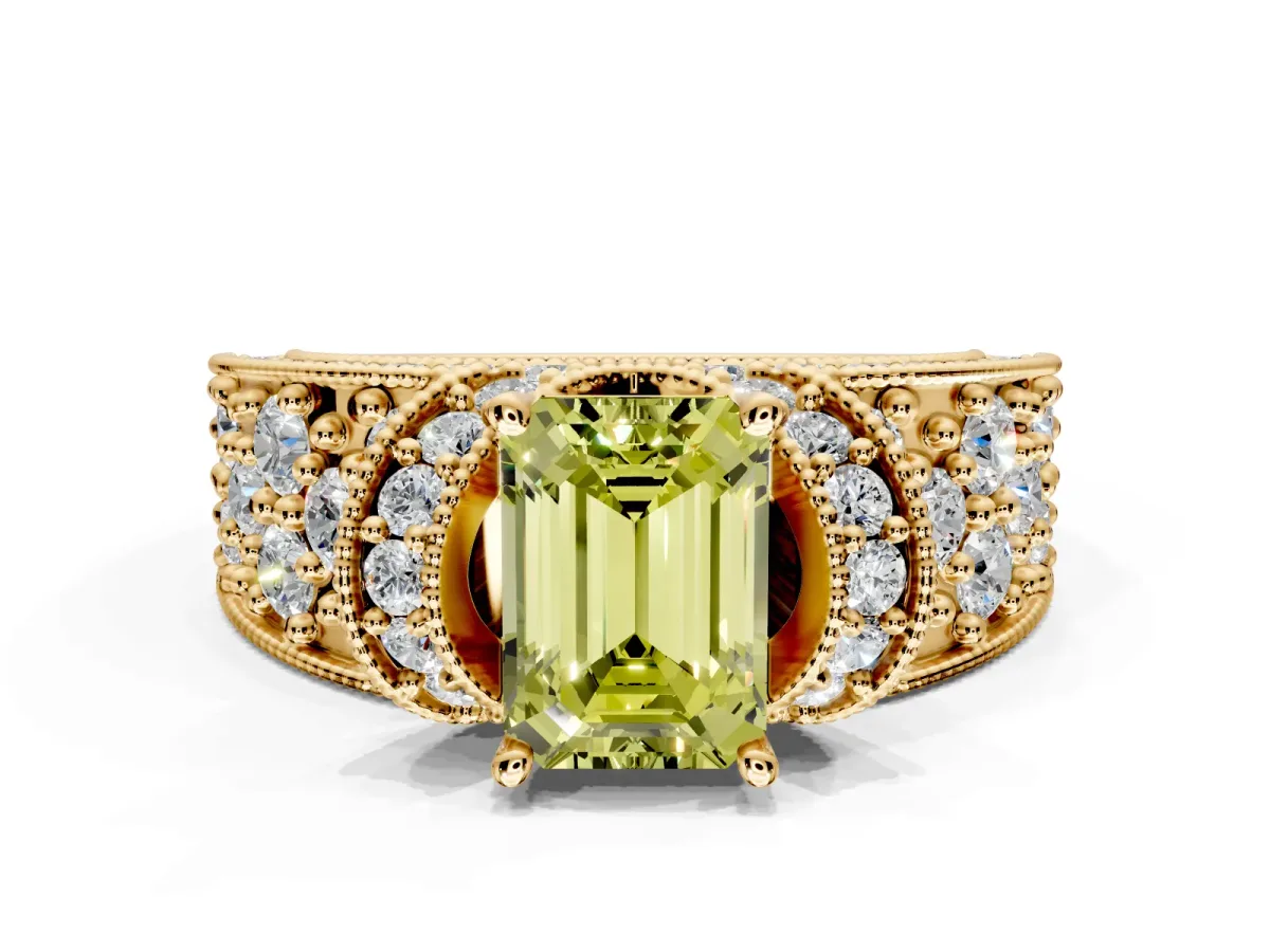 Pave Engagement Ring Setting for Fancy Yellow Emerald Cut Center with Curved Accent Rows, Openwork and Prong Head in Yellow Gold