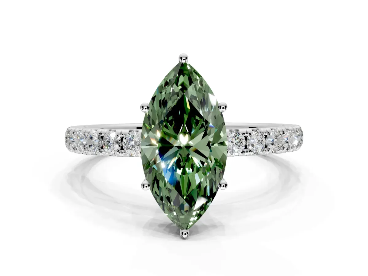 Solitaire Engagement Ring Setting for Fancy Green Marquise Center with Large Accent Band and Prong Head in Sterling Silver