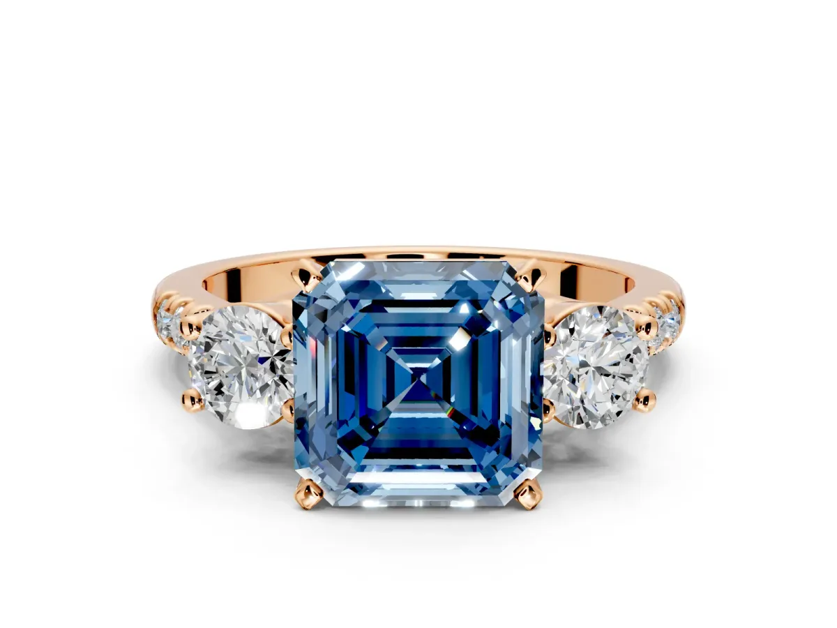 3 Stone Engagement Ring Setting for Fancy Blue Asscher Cut Center with Crossover Basket, Pave Band and Prong Head in Rose Gold