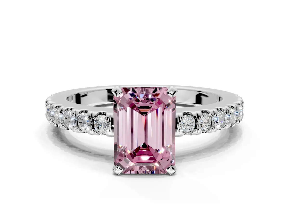 Solitaire Engagement Ring Setting for Fancy Pink Emerald Cut Center with Single Row Accent Band and Prong Head in White Gold
