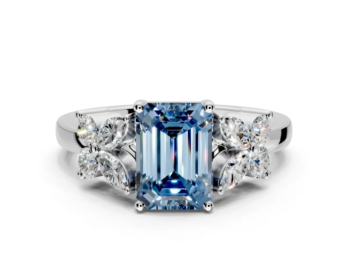 Floral Engagement Ring Setting for Fancy Blue Emerald Cut Center with Marquise Cluster Shoulders and Prong Head in Platinum