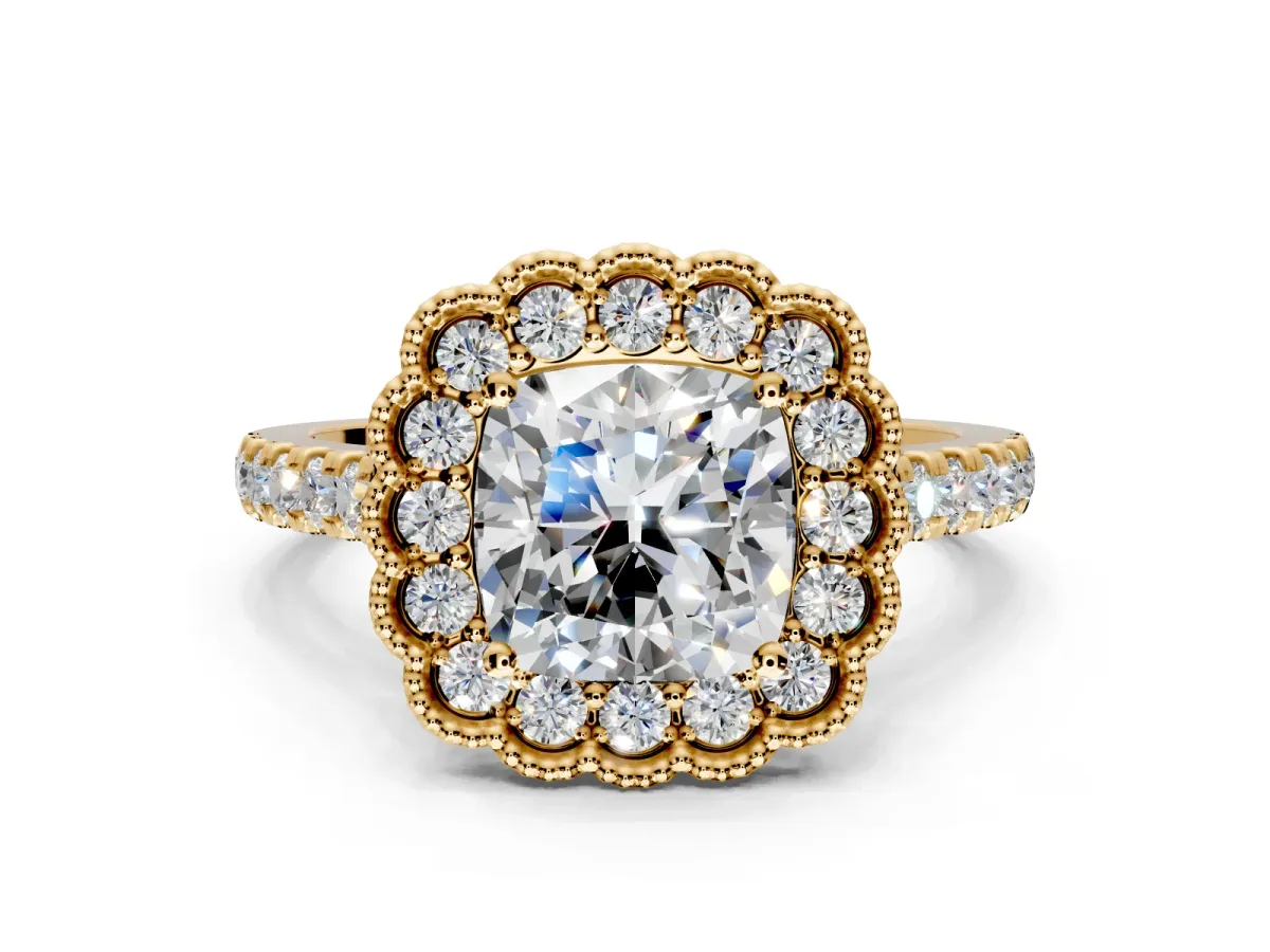 Milgrain Floral Halo Engagement Ring Setting for Cushion Cut Center with Pave Band and Prong Head in Yellow Gold