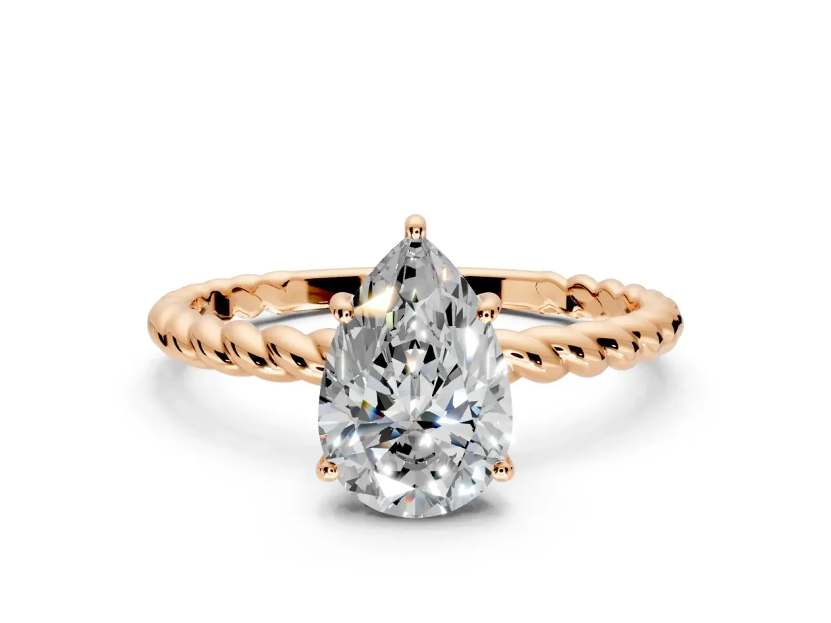 Solitaire Engagement Ring Setting for Pear-Shaped Center with Plain Twisted Rope Band and Prong Head in Rose Gold