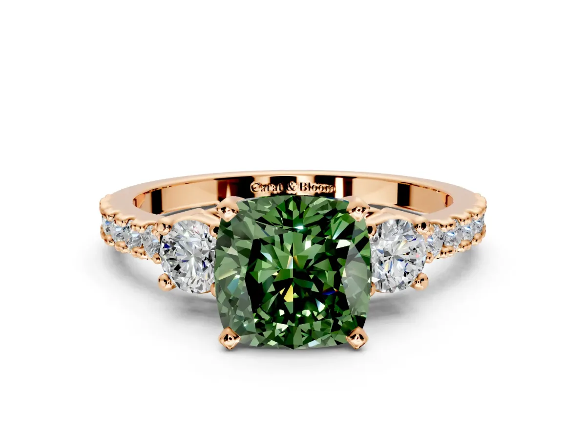 3 Stone Engagement Ring Setting for Fancy Green Cushion Cut Center with Round Cut Side Accents and Prong Head in Rose Gold