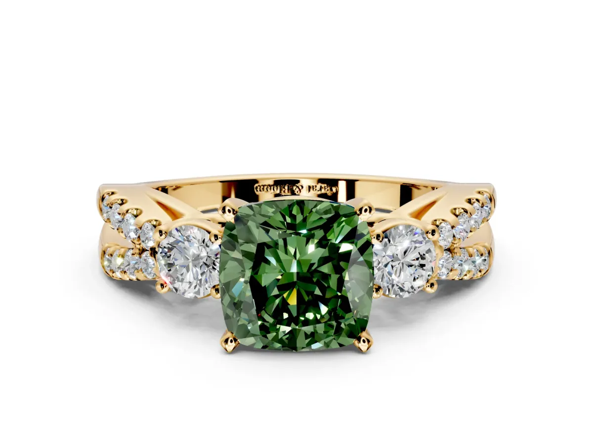 3 Stone Engagement Ring Setting for Fancy Green Cushion Cut Center with Pave Split Shank and Prong Head in Yellow Gold