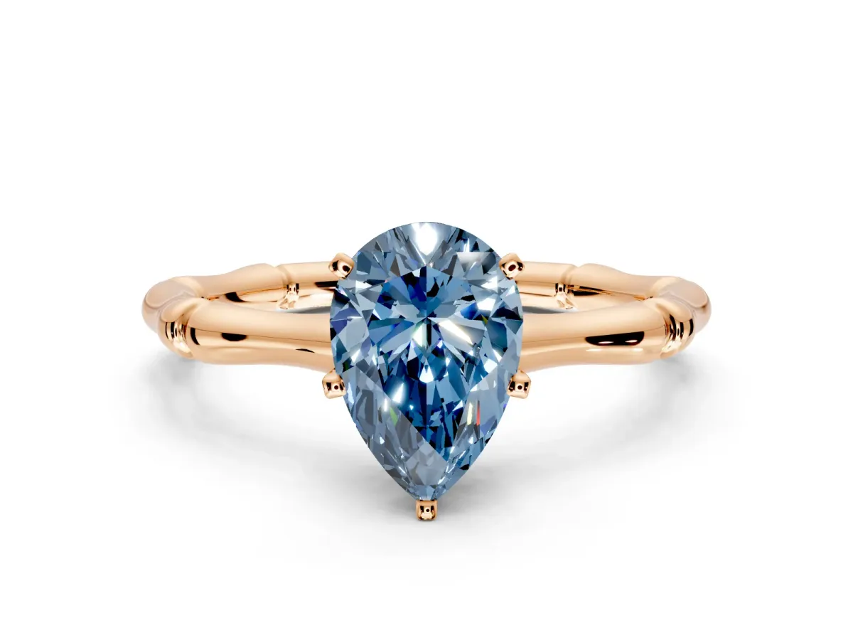 Solitaire Engagement Ring Setting for Fancy Blue Pear-Shaped Center with Bamboo Band and Prong Head in Rose Gold