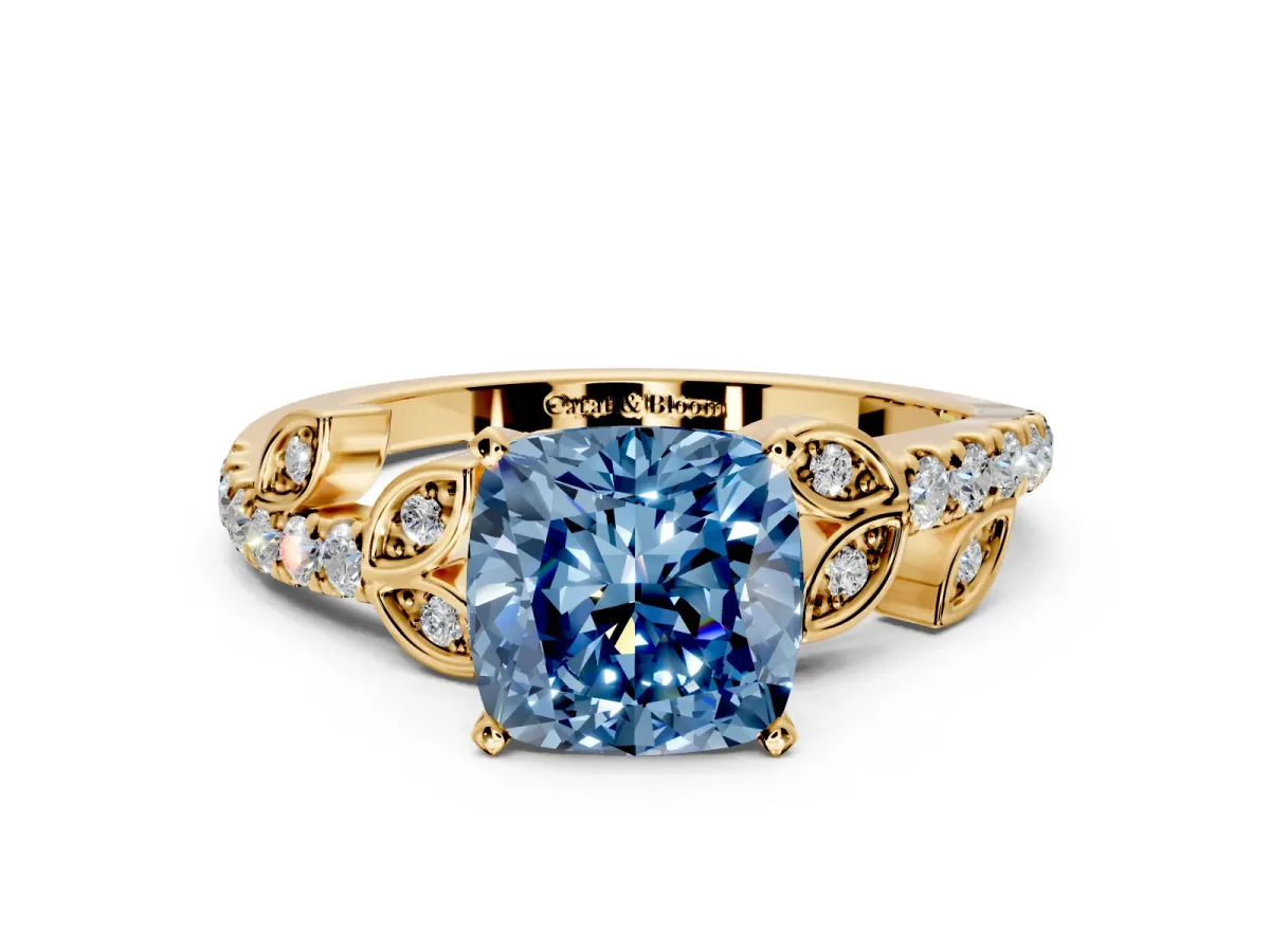 Leaf Motif Engagement Ring Setting for Fancy Blue Cushion Cut Center with Pave Band and Prong Head in Yellow Gold