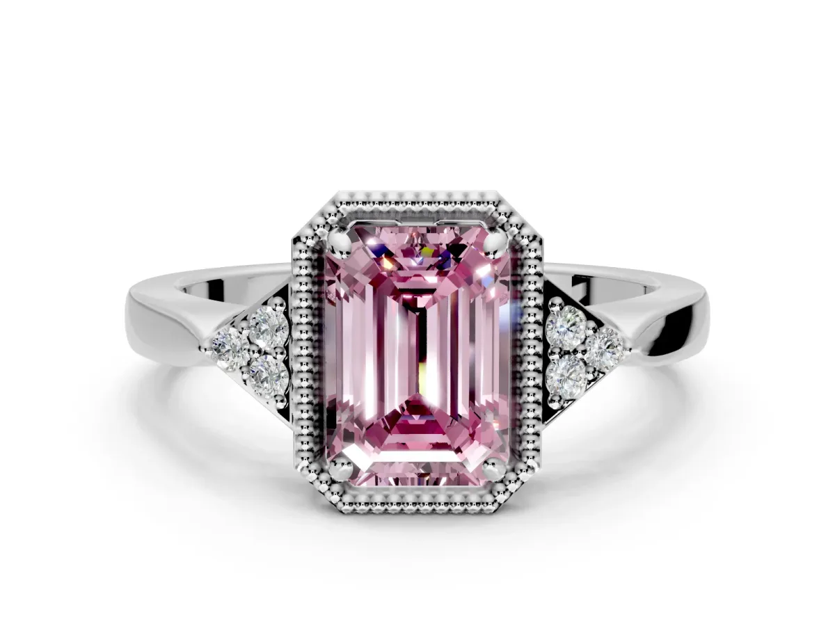 Cluster Engagement Ring Setting for Fancy Pink Emerald Cut Center with Milgrain Shoulder Clusters and Prong Head in Platinum