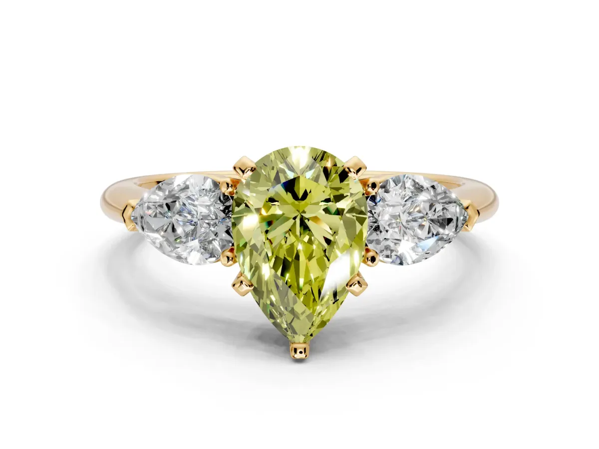 3 Stone Engagement Ring Setting for Fancy Yellow Pear-Shaped Center with Large Pear-Shaped Accents and Prong Head in Yellow Gold