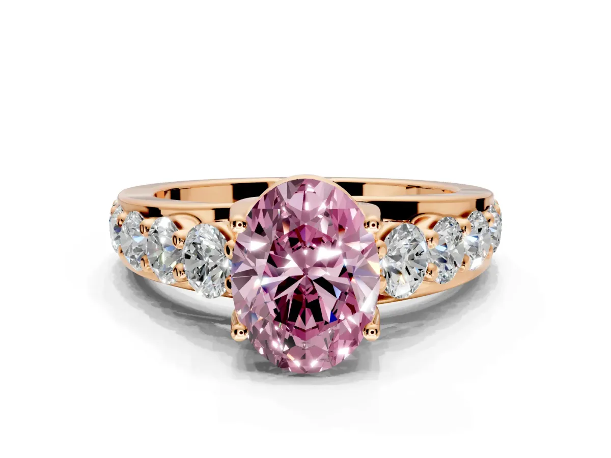 Solitaire Engagement Ring Setting for Fancy Pink Oval Center with Graduated Shared Prongs and Prong Head in Rose Gold
