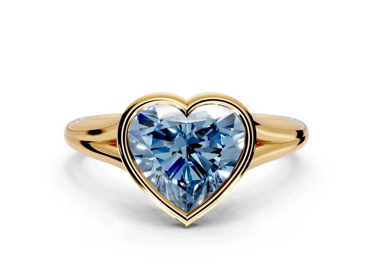 Solitaire Engagement Ring Setting for Fancy Blue Heart-Shaped Center with V Split Shank and Bezel Head in Yellow Gold